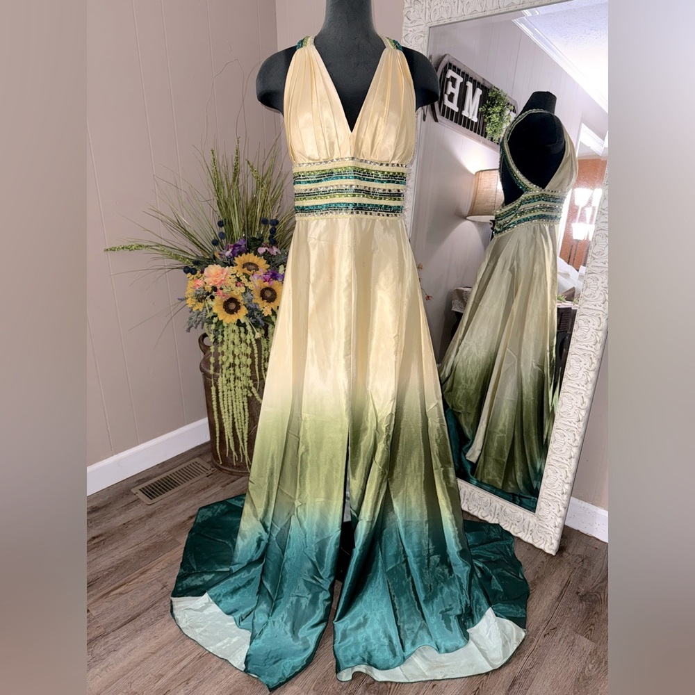 Jovani Yellow and Blue Halter Prom Gown